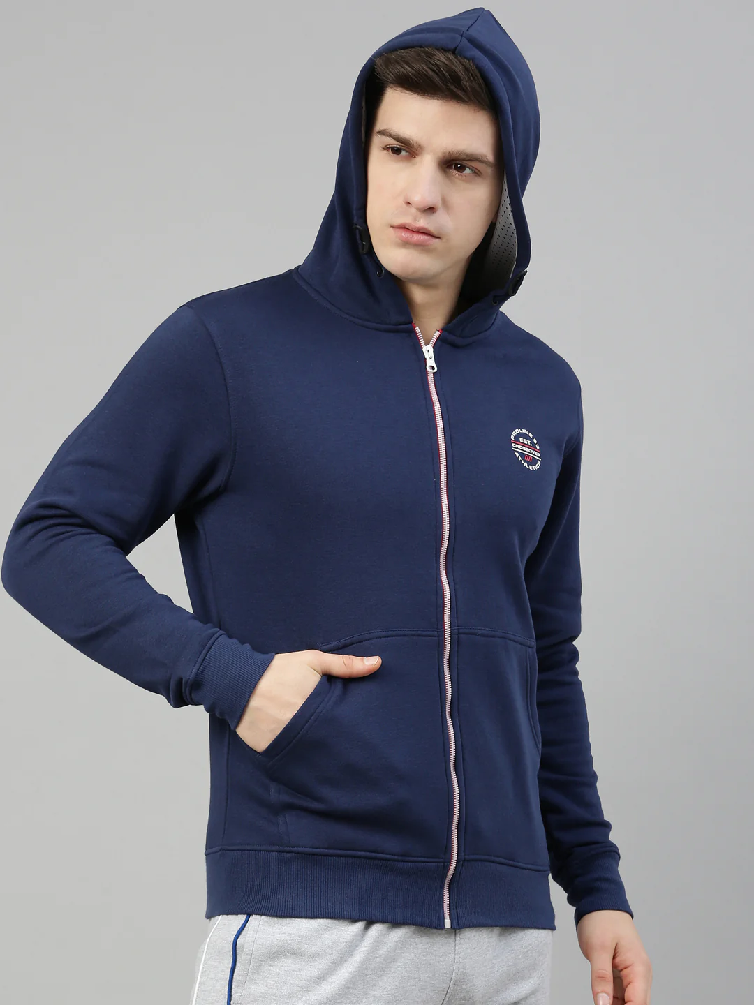 Men's Dark BlueFront Open Hoodie Sweatshirt with Zipper and Branding Detail - Image 4