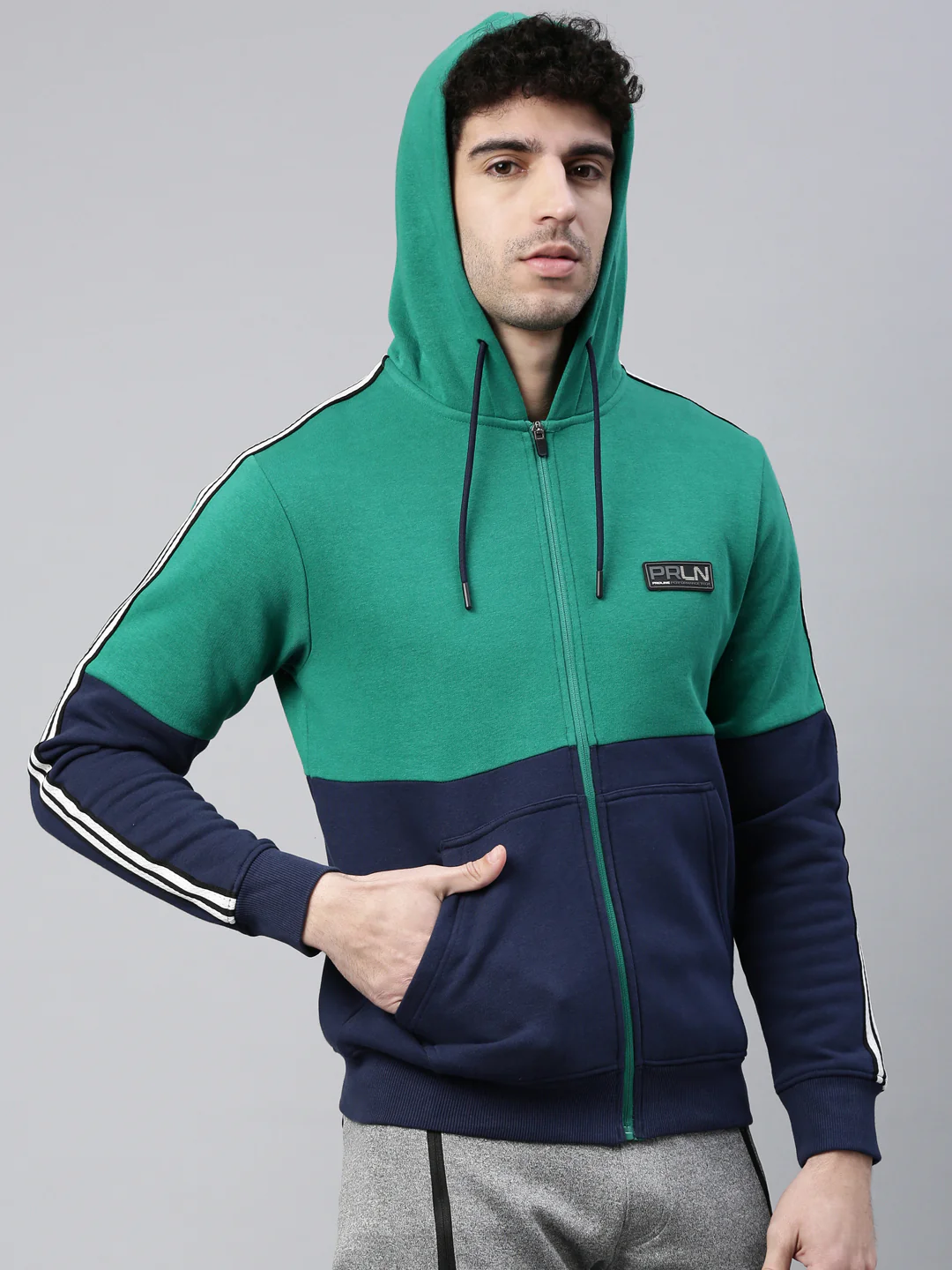 Men's Olive Front Open Hoodie Sweatshirt with Cut and Sew, Knit Tape and Branding Detail - Image 4