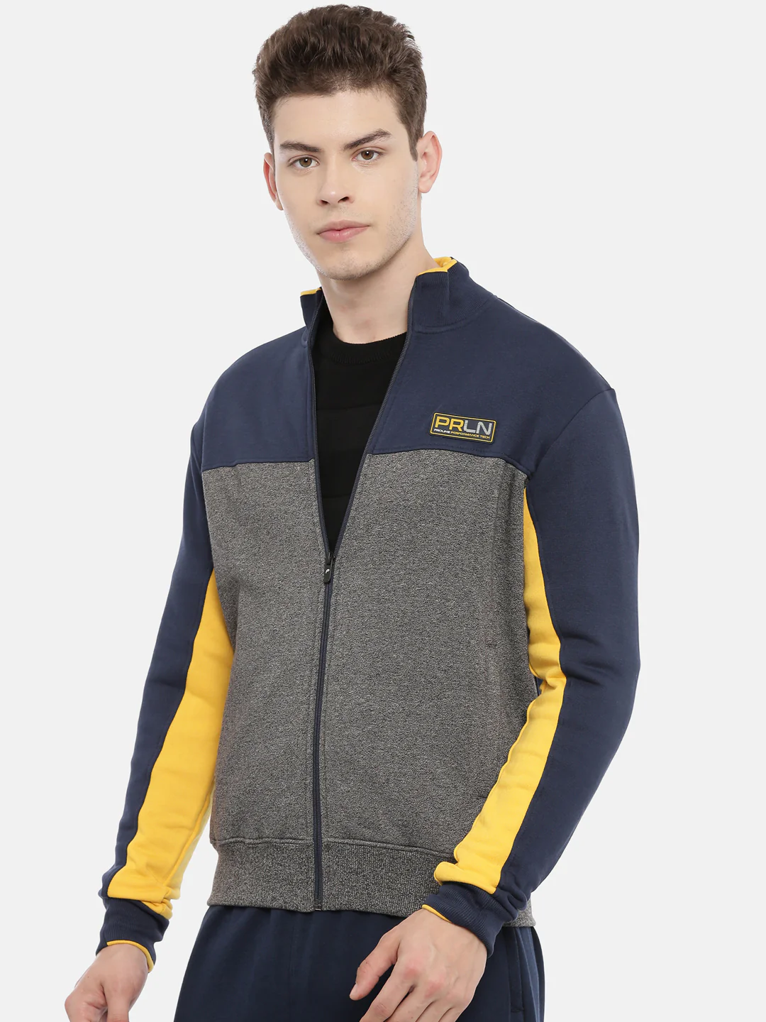 Men's Dark BlueHigh Neck Front Open Sweatshirt with Cut and Sew and Branding Detail - Image 2