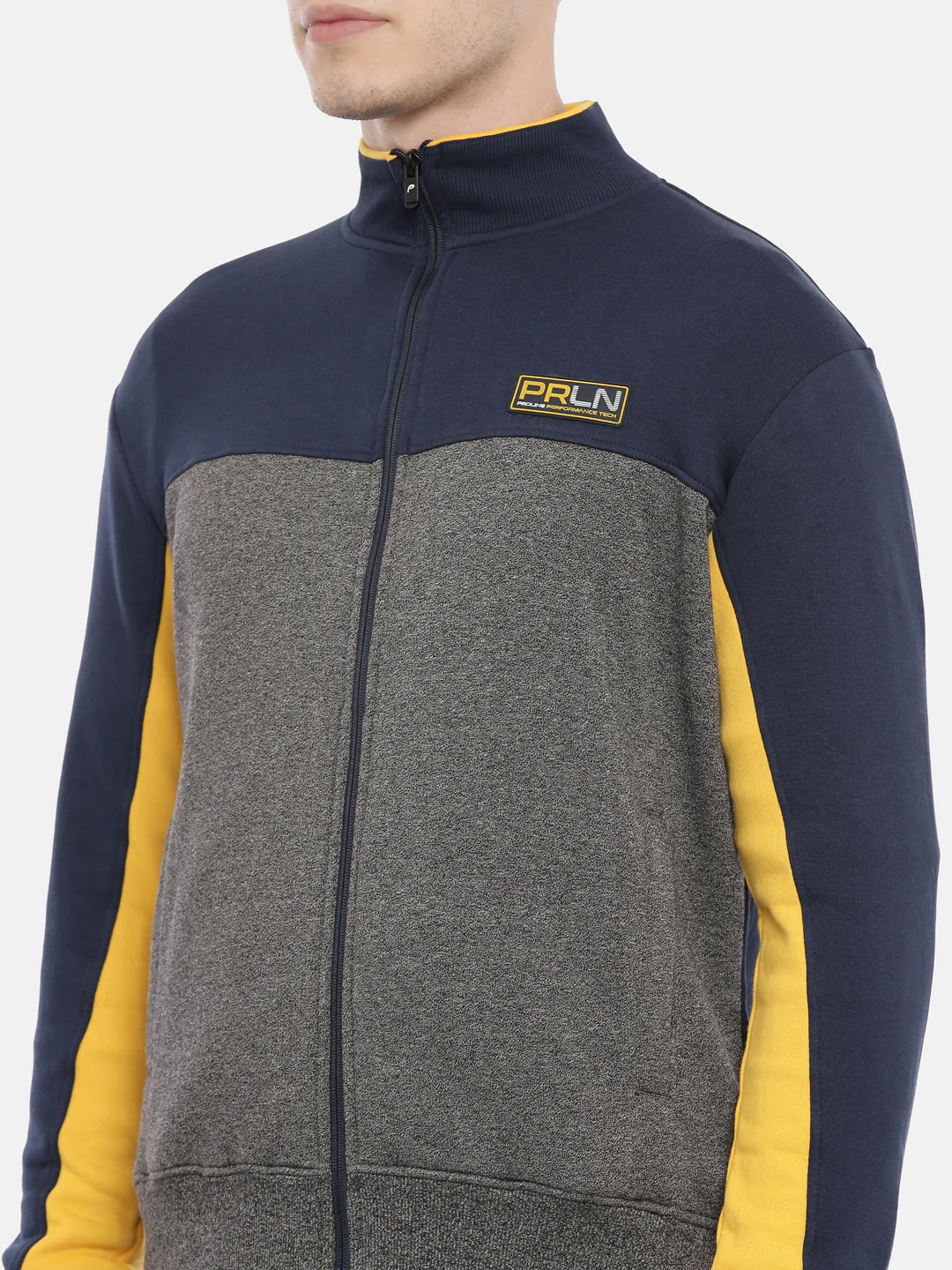 Men's Dark BlueHigh Neck Front Open Sweatshirt with Cut and Sew and Branding Detail - Image 3