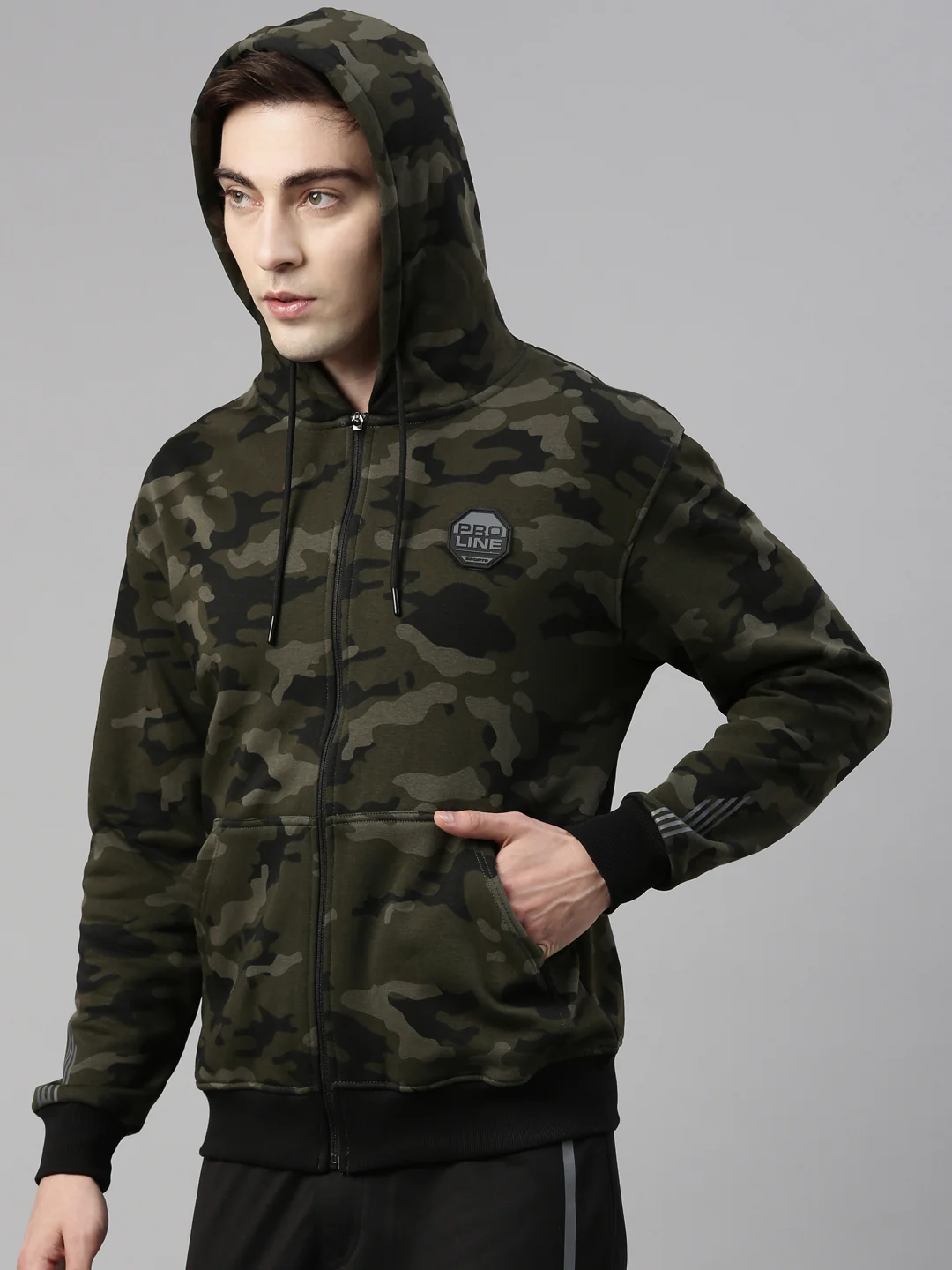 Men's Olive Front Open Hoodie Sweatshirt with All Over Print and Placed Sleeve Print and Branding Detail - Image 3